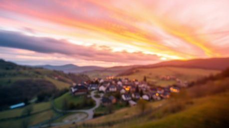 A captivating long-exposure photograph showcases a cozy village nestled in a picturesque valley, bathed in the vibrant hues o