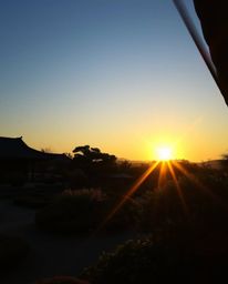 Experience a serene Zen garden at sunset, dramatically rendered with strong, hard light that creates direct, harsh shadows. T