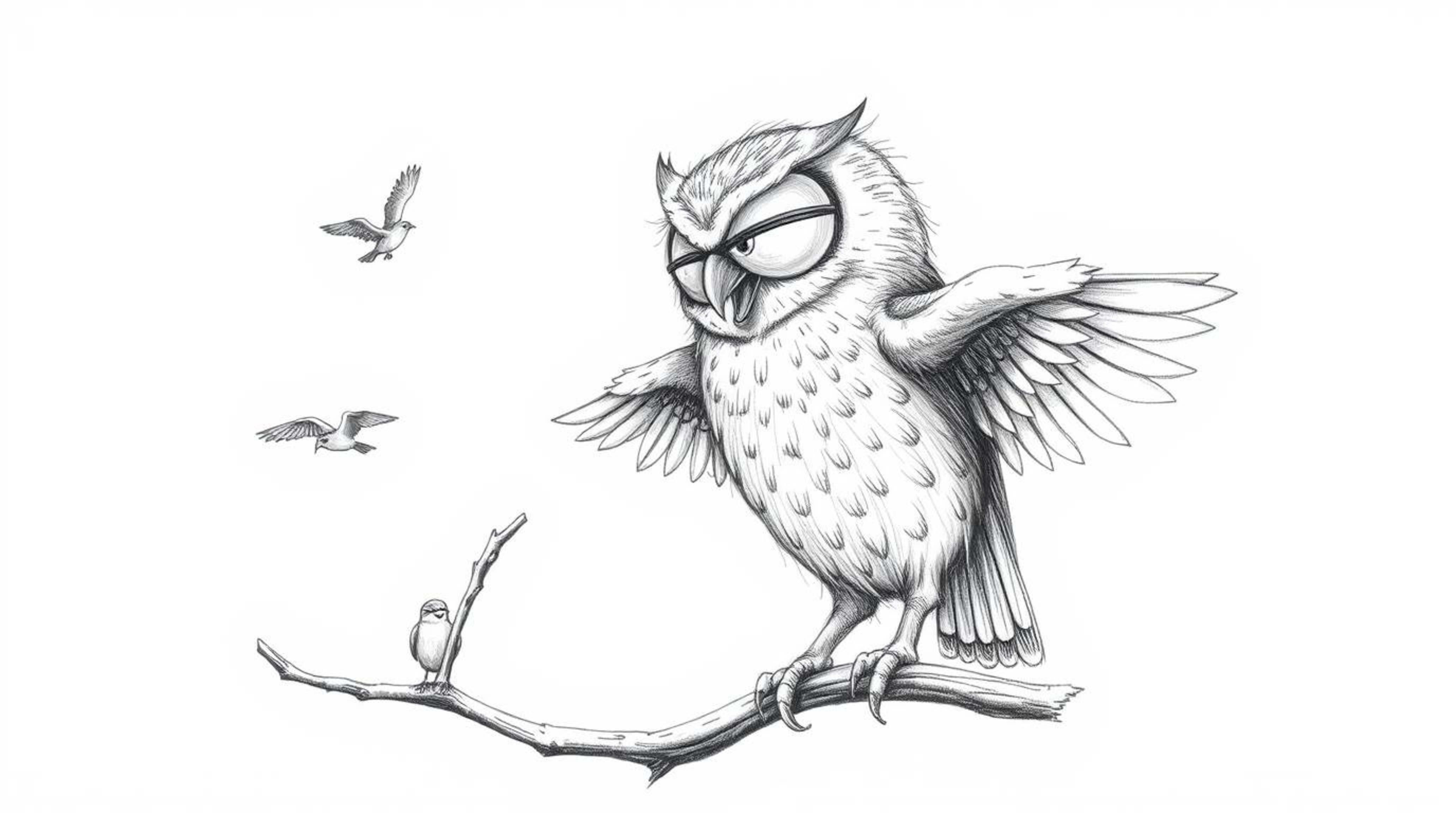 A hand-drawn, textured pencil sketch showcasing a Pixar-esque blind owl imparting the skill of flight to other birds. The art