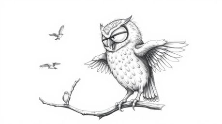 A hand-drawn, textured pencil sketch showcasing a Pixar-esque blind owl imparting the skill of flight to other birds. The art
