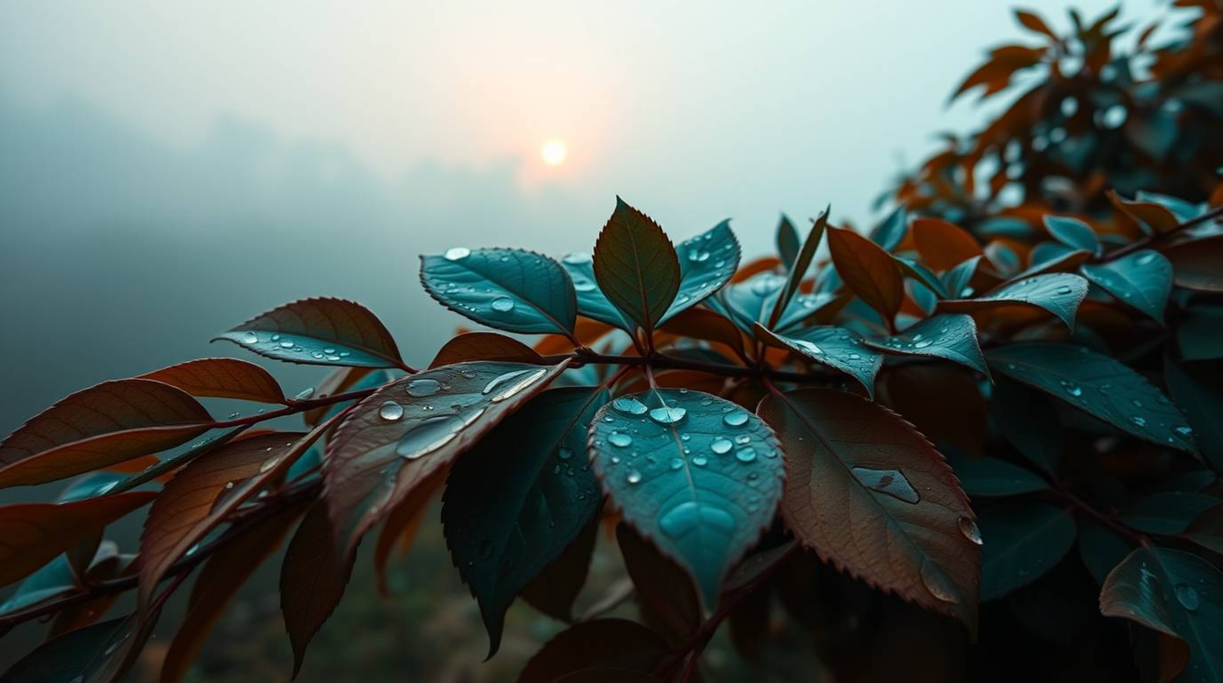 Explore a visual landscape blending the warmth of terracotta with cool teal hues, set amidst thick foggy surroundings where a