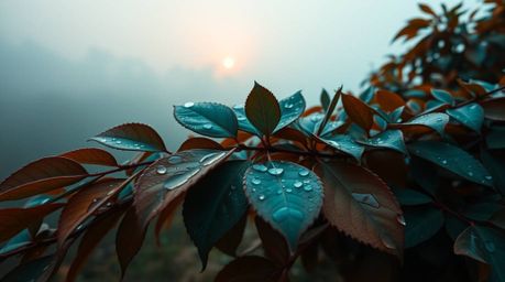 Explore a visual landscape blending the warmth of terracotta with cool teal hues, set amidst thick foggy surroundings where a