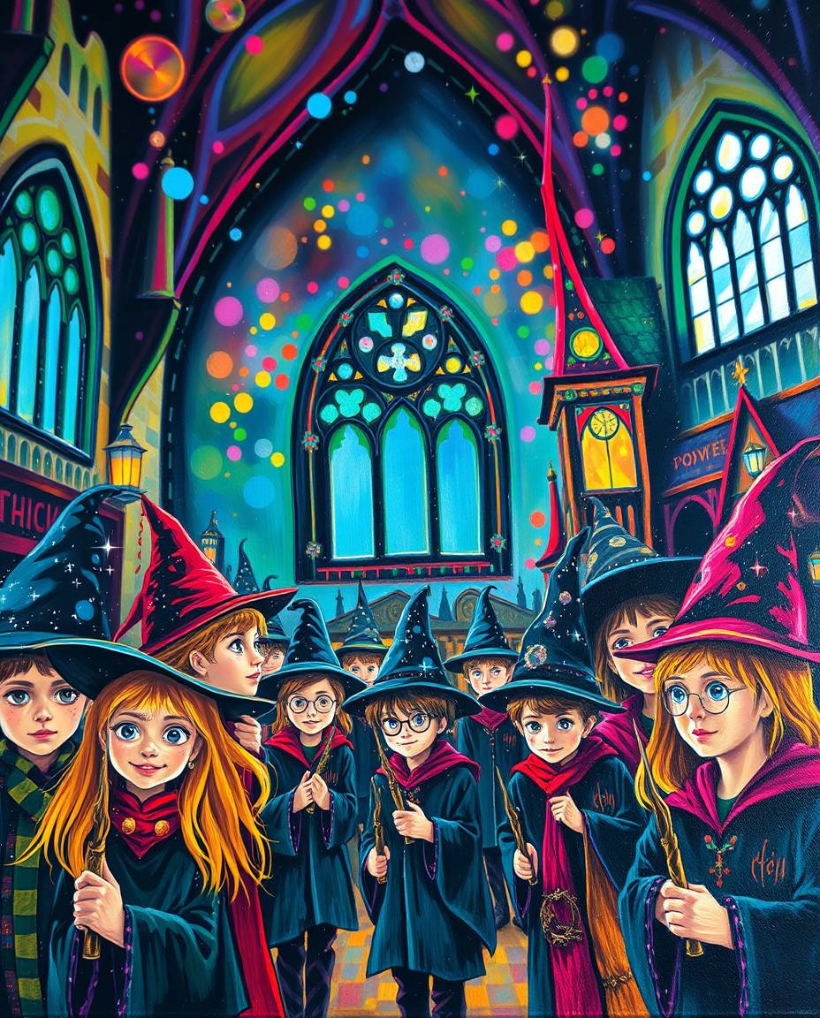 A bold acrylic painting depicting a magical school brimming with young wizards, set against a beautifully blurred bokeh backg