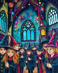 A bold acrylic painting depicting a magical school brimming with young wizards, set against a beautifully blurred bokeh backg