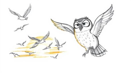 A charming Pixar-style hand-drawn sketch depicts a blind owl, with expressive features, teaching a classroom of birds mid-fli