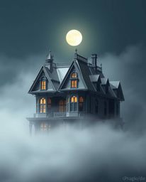 This series showcases a fog-covered Victorian mansion under the moonlight, rendered in an intricate origami style. The artwor