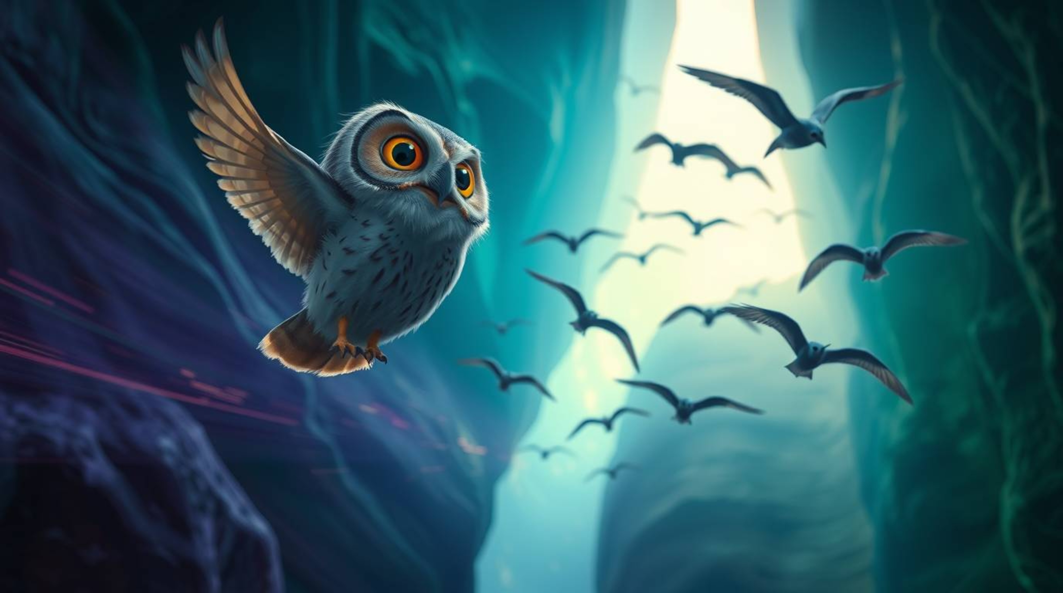 This stunning long-exposure photograph depicts a Pixar-style blind owl with soft, feathery features, teaching a flock of bird