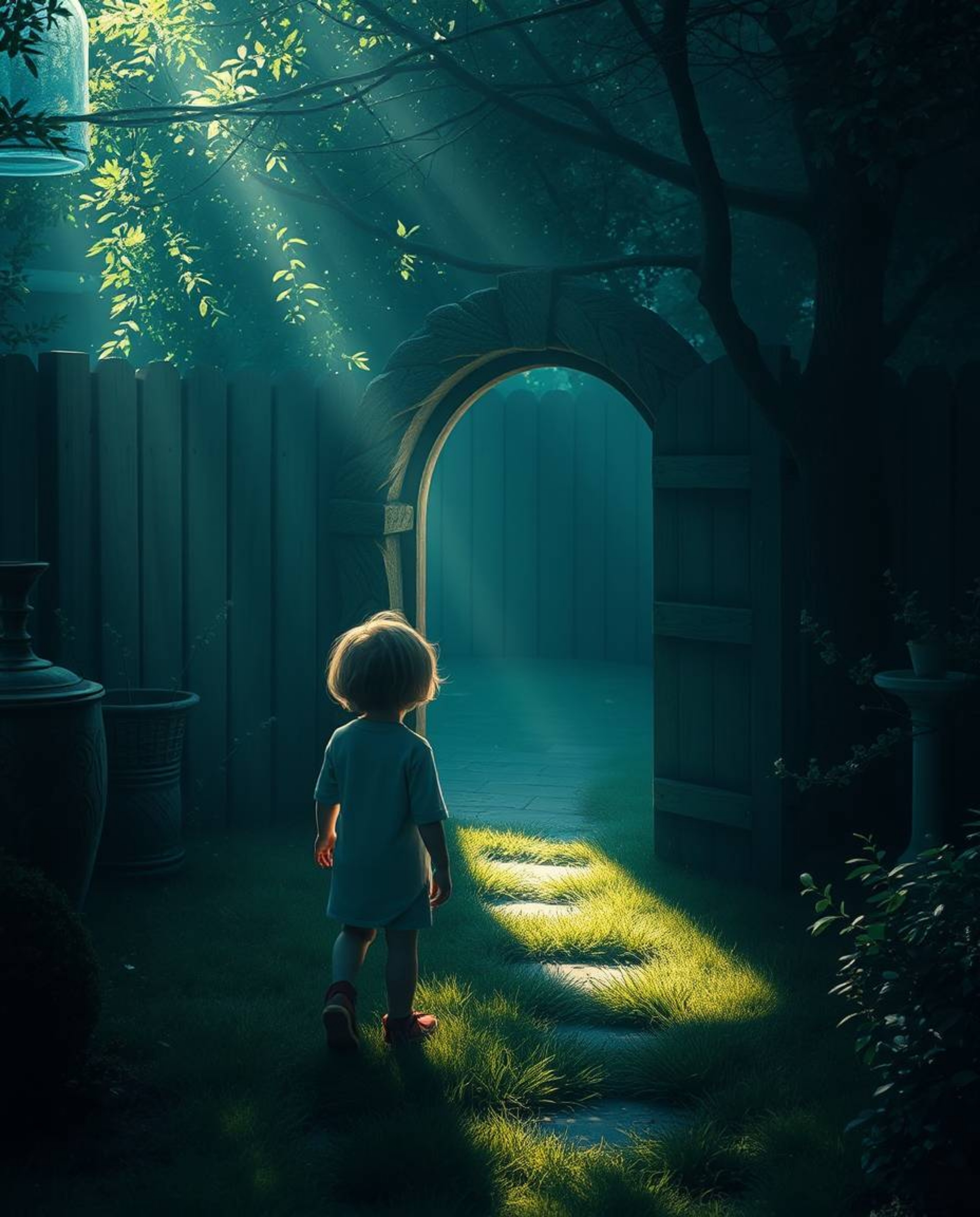 A child's enchanting discovery of a magical portal in their backyard, bathed in rich, deep teal light, creates a luxurious an