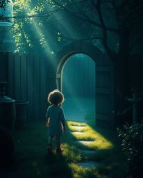 A child's enchanting discovery of a magical portal in their backyard, bathed in rich, deep teal light, creates a luxurious an