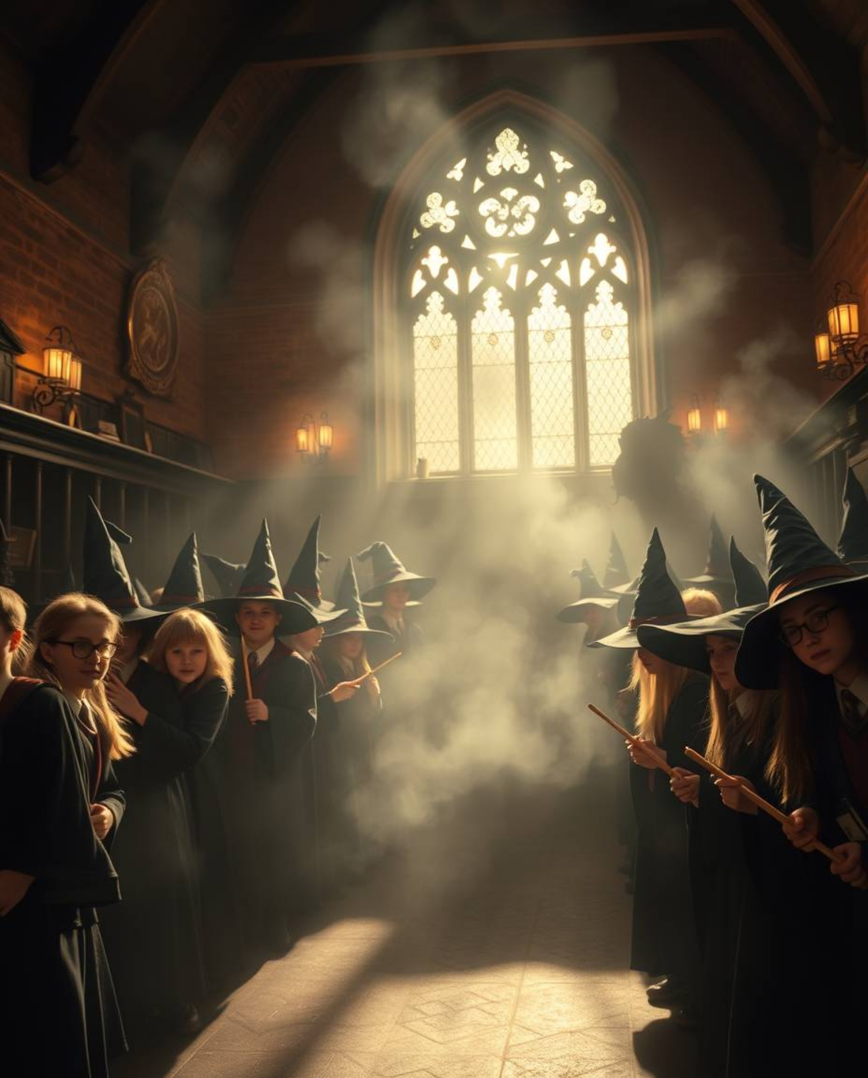 A professional fine art photograph capturing a magical school brimming with young wizards, radiating an ethereal and spiritua