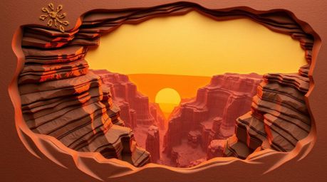 An awe-inspiring layered papier-mâché artwork depicts a rocky canyon at sunset, viewed from above.  The piece showcases the i