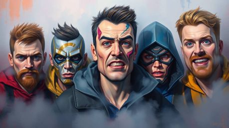 A bold acrylic painting depicts a team of misfit heroes rising from a dense fog, rendered in vibrant colors and textured brus