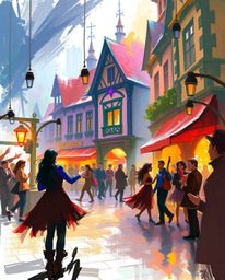 A vibrant digital painting depicts a dynamic musical number unfolding in a bright town square.  Utilizing loose, painterly st