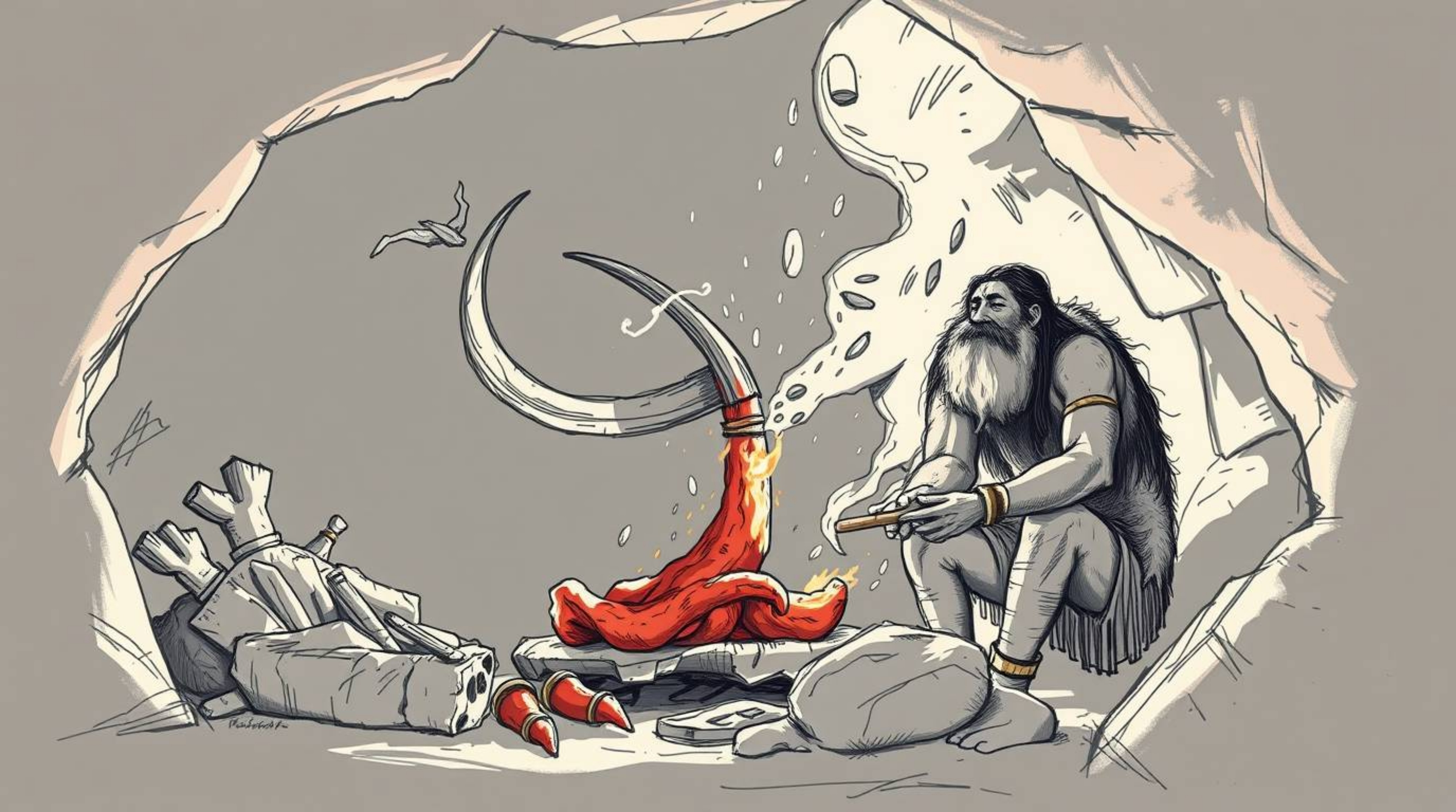 Explore a high-contrast, low-key hand-drawn sketch depicting a caveman cooking mammoth meat, rendered in vibrant color sketch