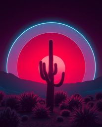 This artwork presents a futuristic, sci-fi vision of a desert cactus, glowing in the last rays of the sun. Dominated by a sop