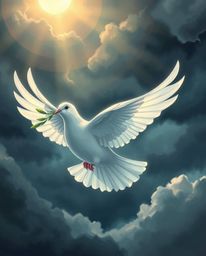 A captivating image featuring a bold acrylic dove carrying an olive branch through turbulent stormy skies, imbued with a ligh