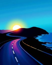 This digital painting features a silhouetted coastal highway at sunset, creating a striking and atmospheric scene. The landsc
