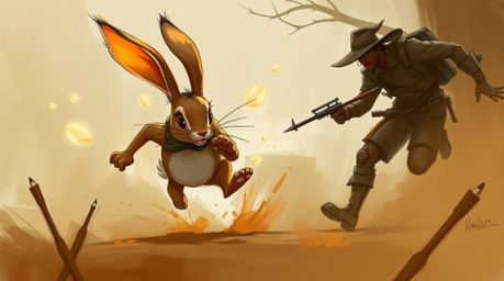 A dynamic digital sketch captures a wacky rabbit bathed in a warm golden glow as it outruns a hunter in a misty, atmospheric 