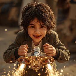 A stunning high-fashion photograph captures a young boy with messy brown hair and bright, curious eyes, utterly absorbed in b