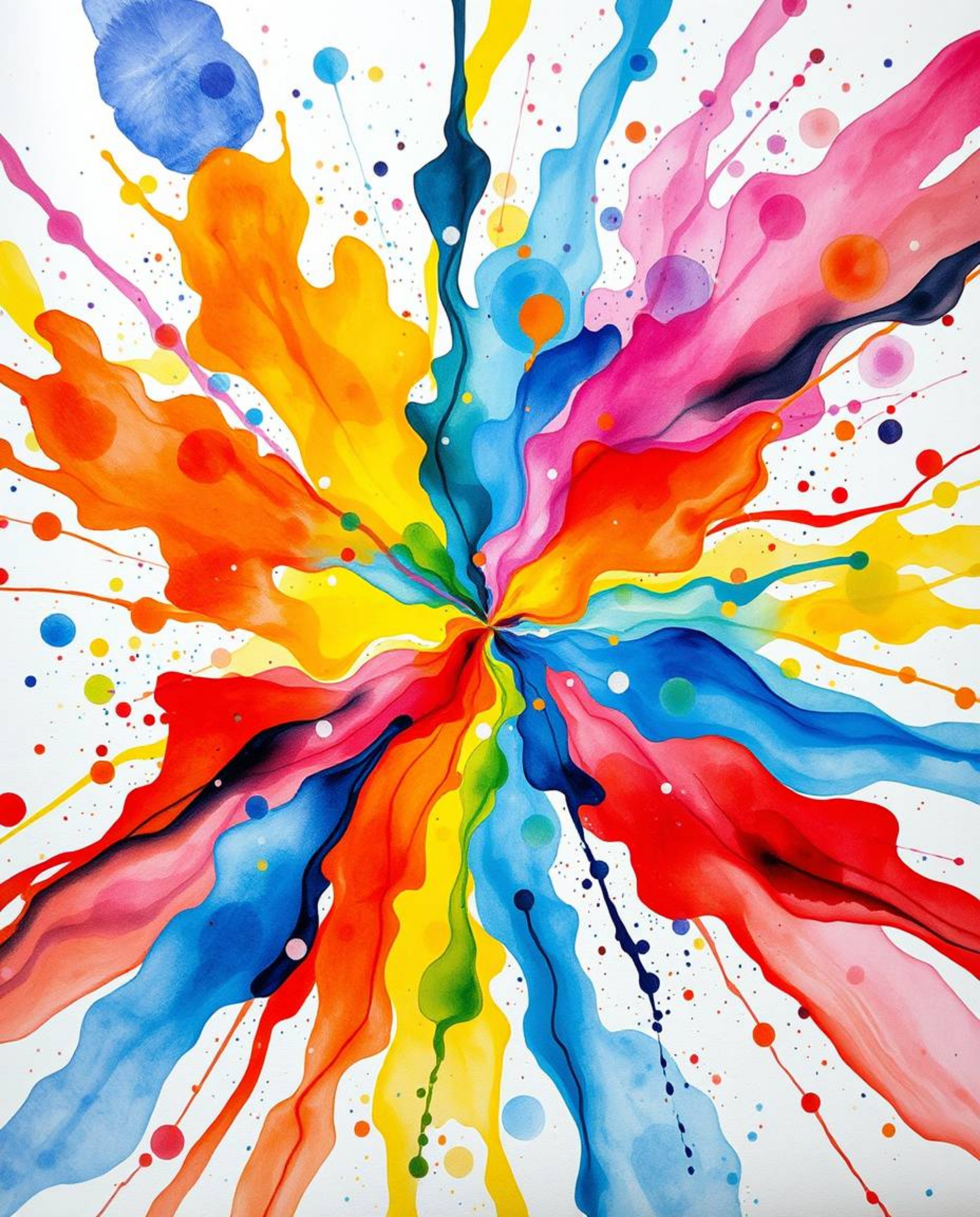 Experience a vibrant explosion of colorful paint splashes across a pristine white canvas in this stunning abstract art piece.