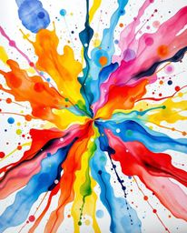 Experience a vibrant explosion of colorful paint splashes across a pristine white canvas in this stunning abstract art piece.