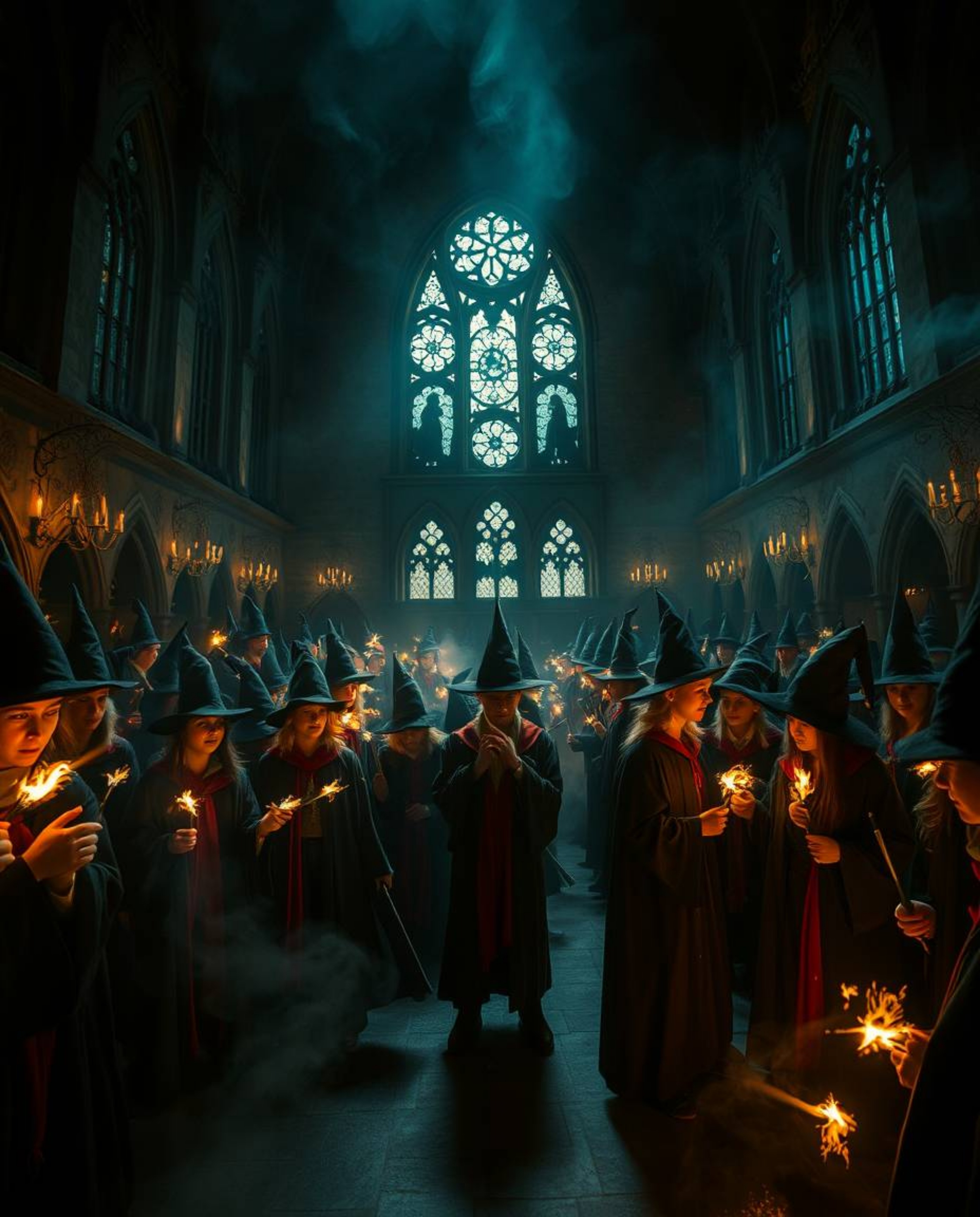 Explore a magical school brimming with young wizards, bathed in intense dramatic lighting that creates a mystical feeling. Th