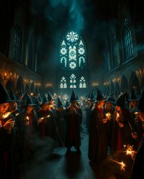 Explore a magical school brimming with young wizards, bathed in intense dramatic lighting that creates a mystical feeling. Th