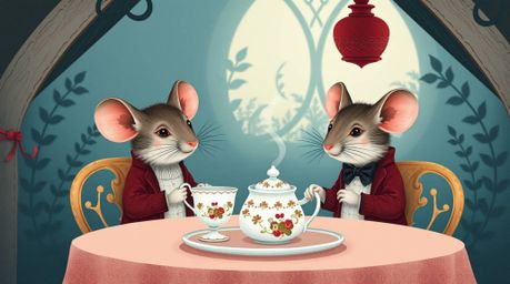 A charming illustration depicts adorable anthropomorphic mice enjoying a sophisticated tea party in a cozy cottage. The scen