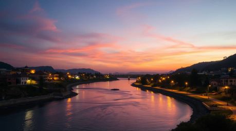 A captivating image of a charming river delta bathed in the warm glow of twilight.  Vibrant complementary colors create a vis