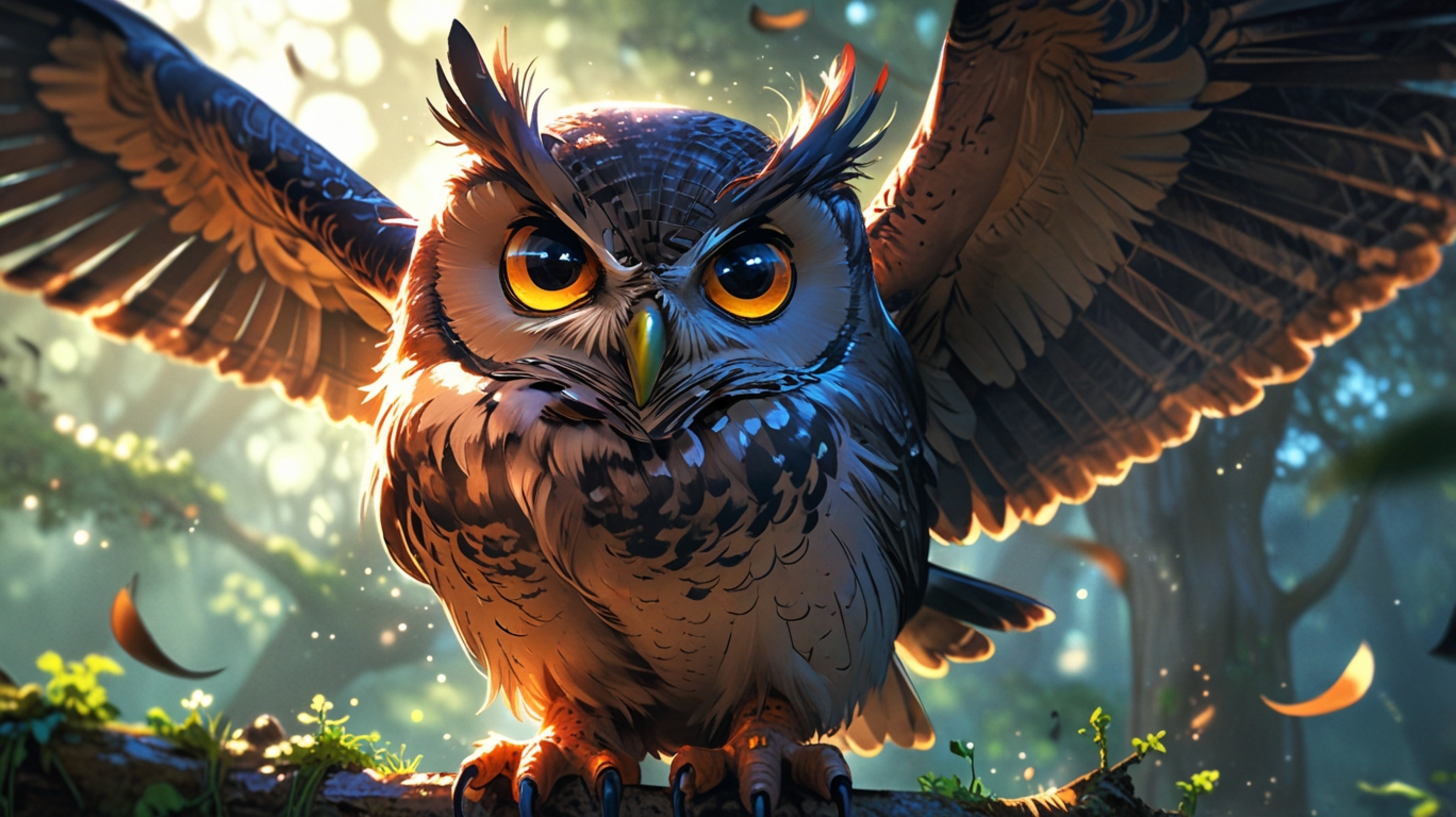 In a deeply touching and serene scene, crafted in a beautiful blend of Pixar and anime styles, a wise blind owl mentor sits w