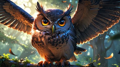 In a deeply touching and serene scene, crafted in a beautiful blend of Pixar and anime styles, a wise blind owl mentor sits w