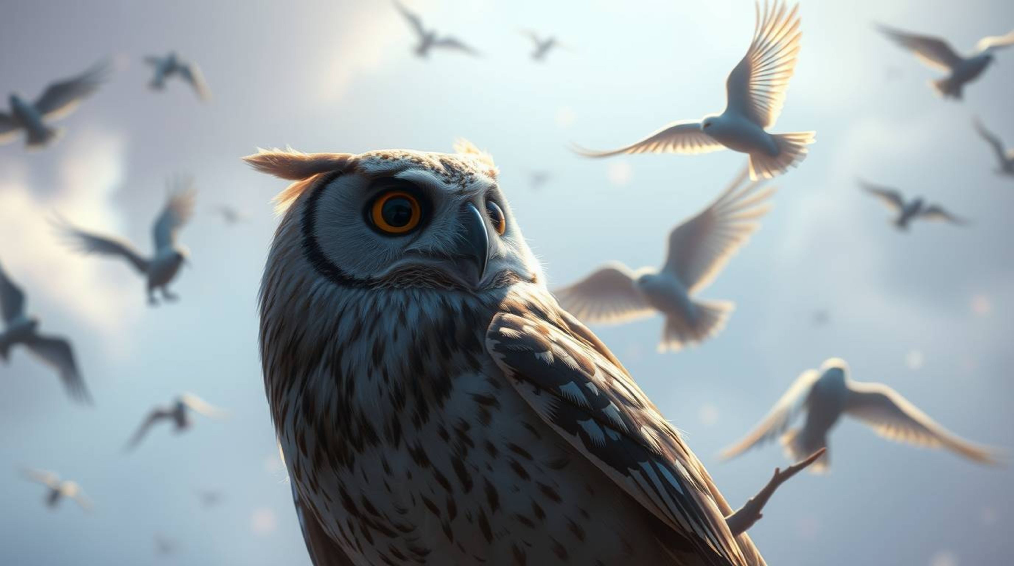 Experience a dreamlike and surreal scene featuring a blind owl, rendered in a Pixar style, teaching birds how to fly. Bathed 