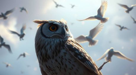 Experience a dreamlike and surreal scene featuring a blind owl, rendered in a Pixar style, teaching birds how to fly. Bathed 