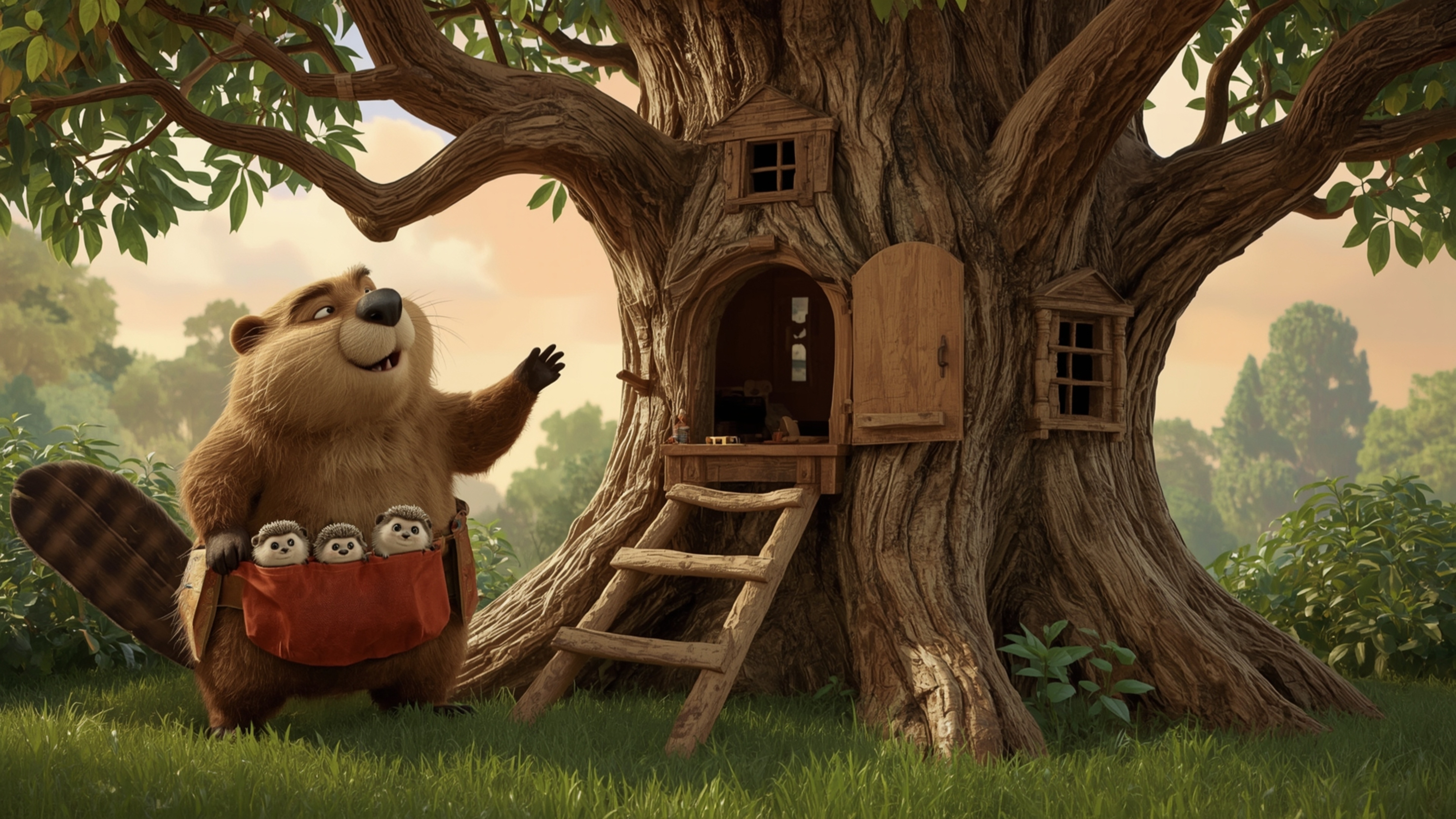 A highly detailed, high-resolution stock photo of a busy beaver, inspired by Pixar's whimsical style, constructing a cozy, el