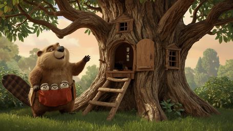 A highly detailed, high-resolution stock photo of a busy beaver, inspired by Pixar's whimsical style, constructing a cozy, el