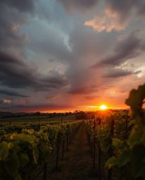 This image captures a moment of intense, dramatic weather through an extreme macro close-up of a vineyard at sunset. The focu