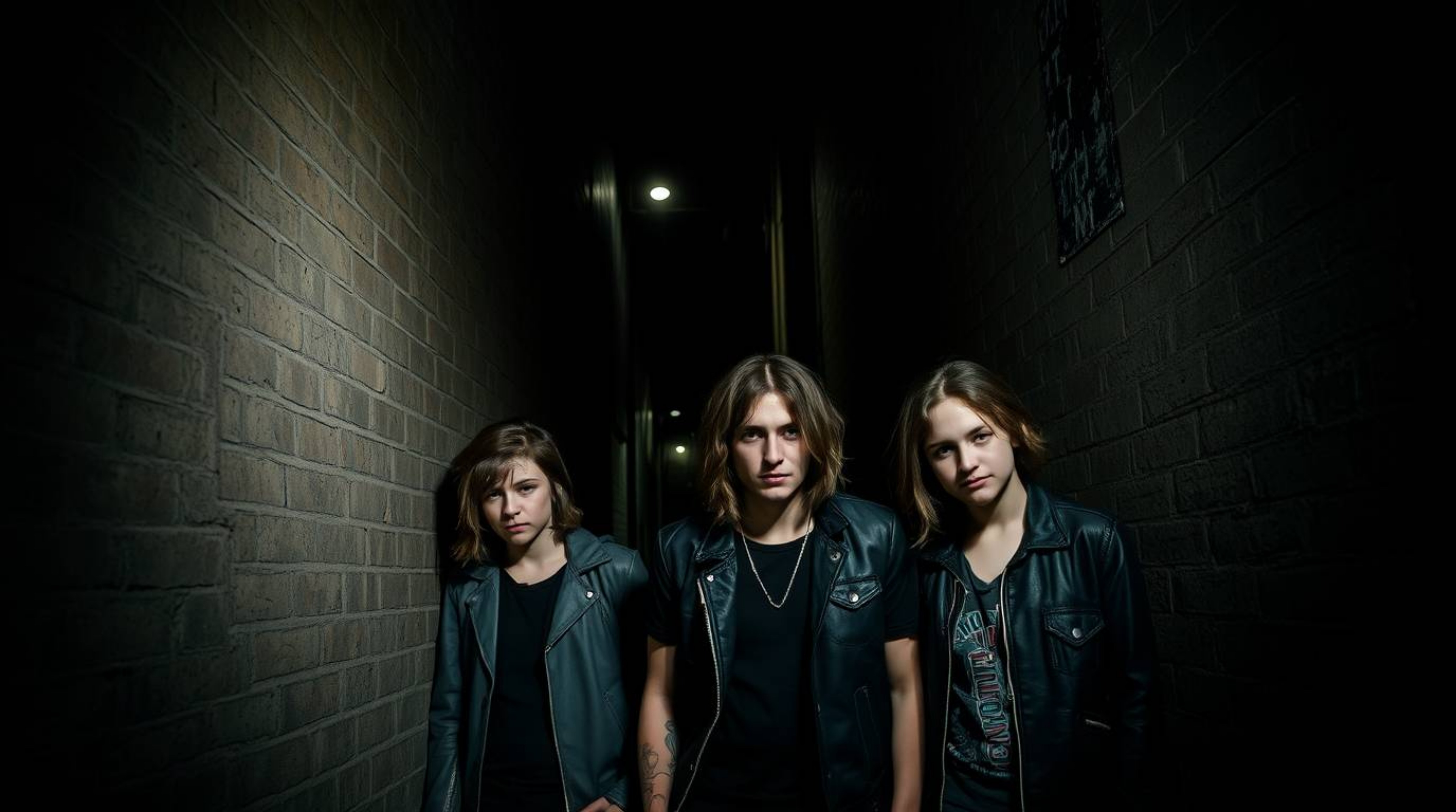 Capture the raw energy of rebellious teens in a gritty city alleyway. This image showcases a high-contrast, dark aesthetic wi