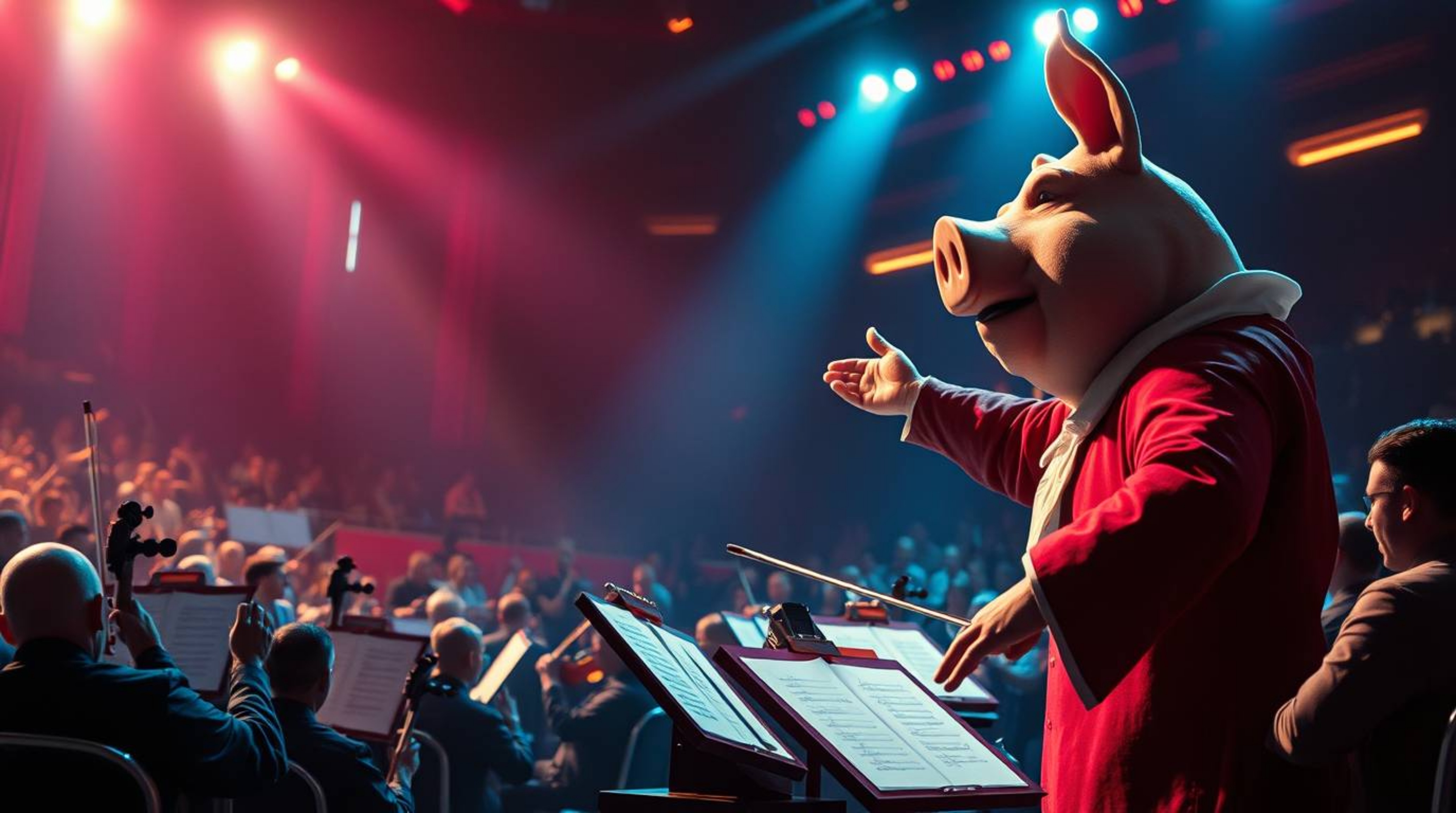 A breathtaking, modern artwork depicts a pig character heroically conducting a grand orchestra.  Rendered in rich burgundy an