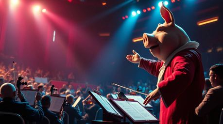 A breathtaking, modern artwork depicts a pig character heroically conducting a grand orchestra.  Rendered in rich burgundy an