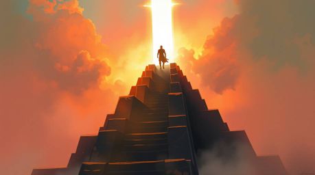 An awe-inspiring digital sketch presents a solitary figure ascending a stone staircase towards a radiant beam of divine light