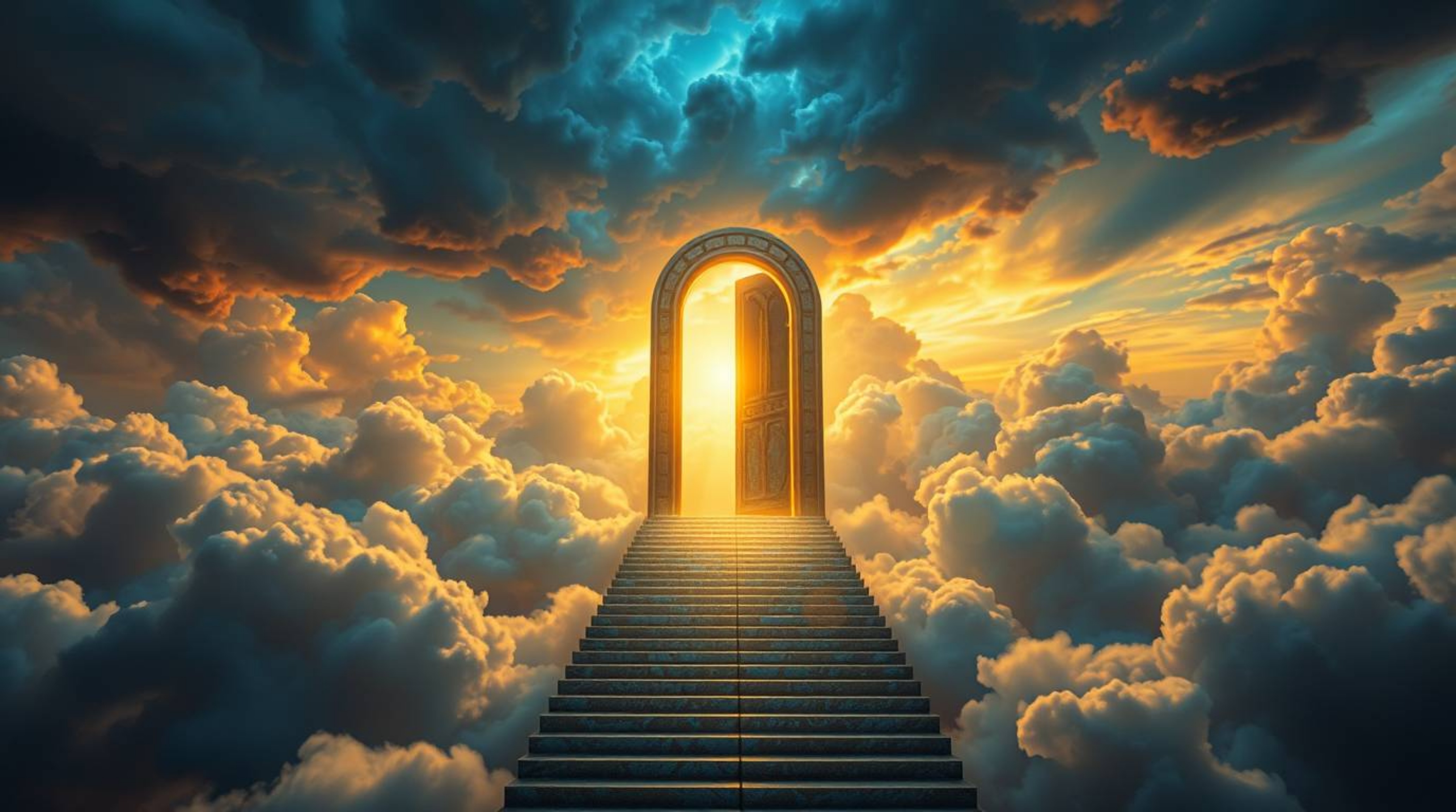 A breathtaking fantasy realism image depicting a heavenly gate floating above dramatic, stormy clouds. Iridescent colors refl