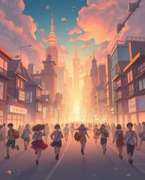 A visually stunning depiction of a city in flames, rendered in a soft pastel Isekai anime style. The expressive composition c