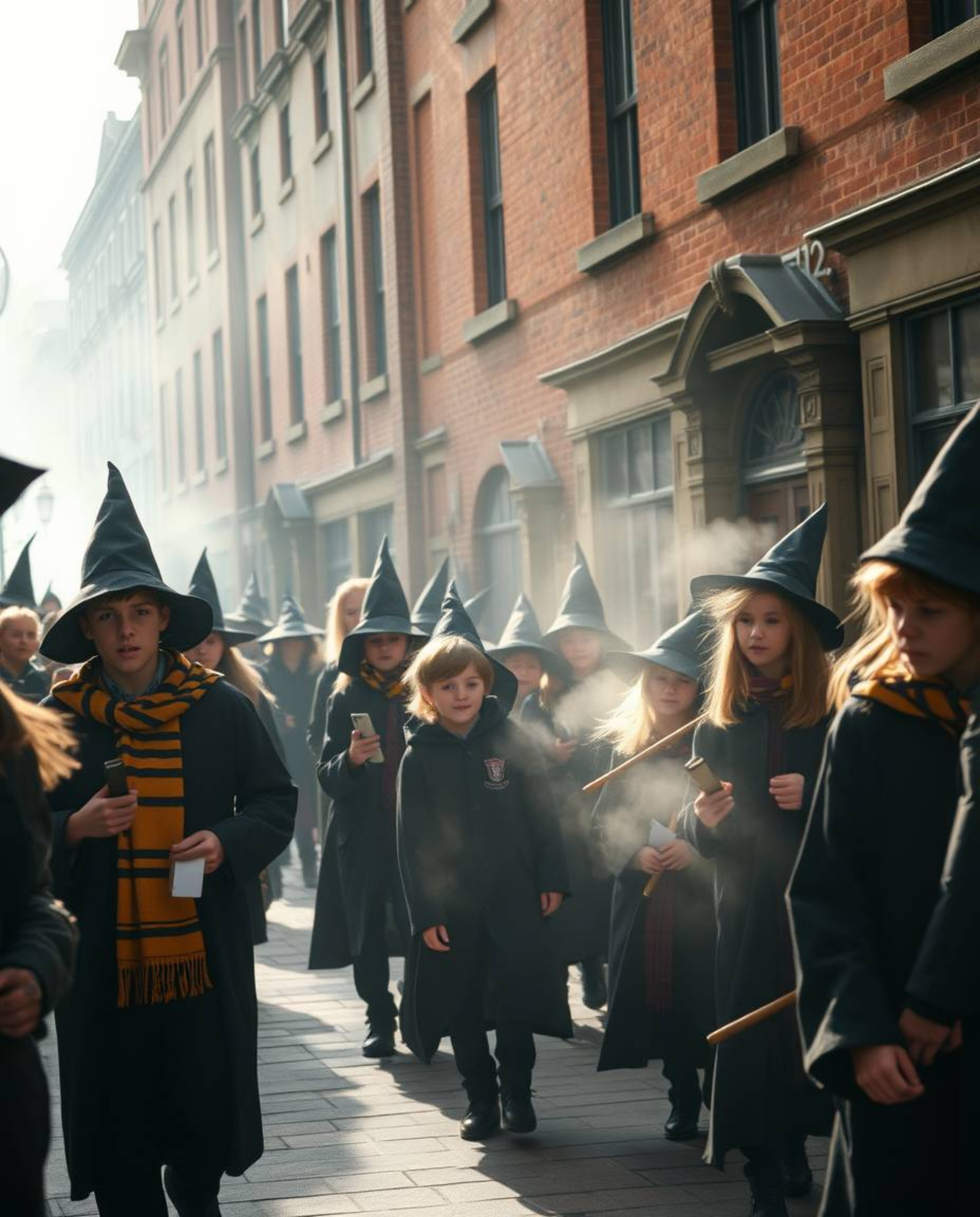 Experience captivating candid street photography capturing a magical school filled with young wizards in urban settings.  Wit