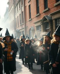 Experience captivating candid street photography capturing a magical school filled with young wizards in urban settings.  Wit