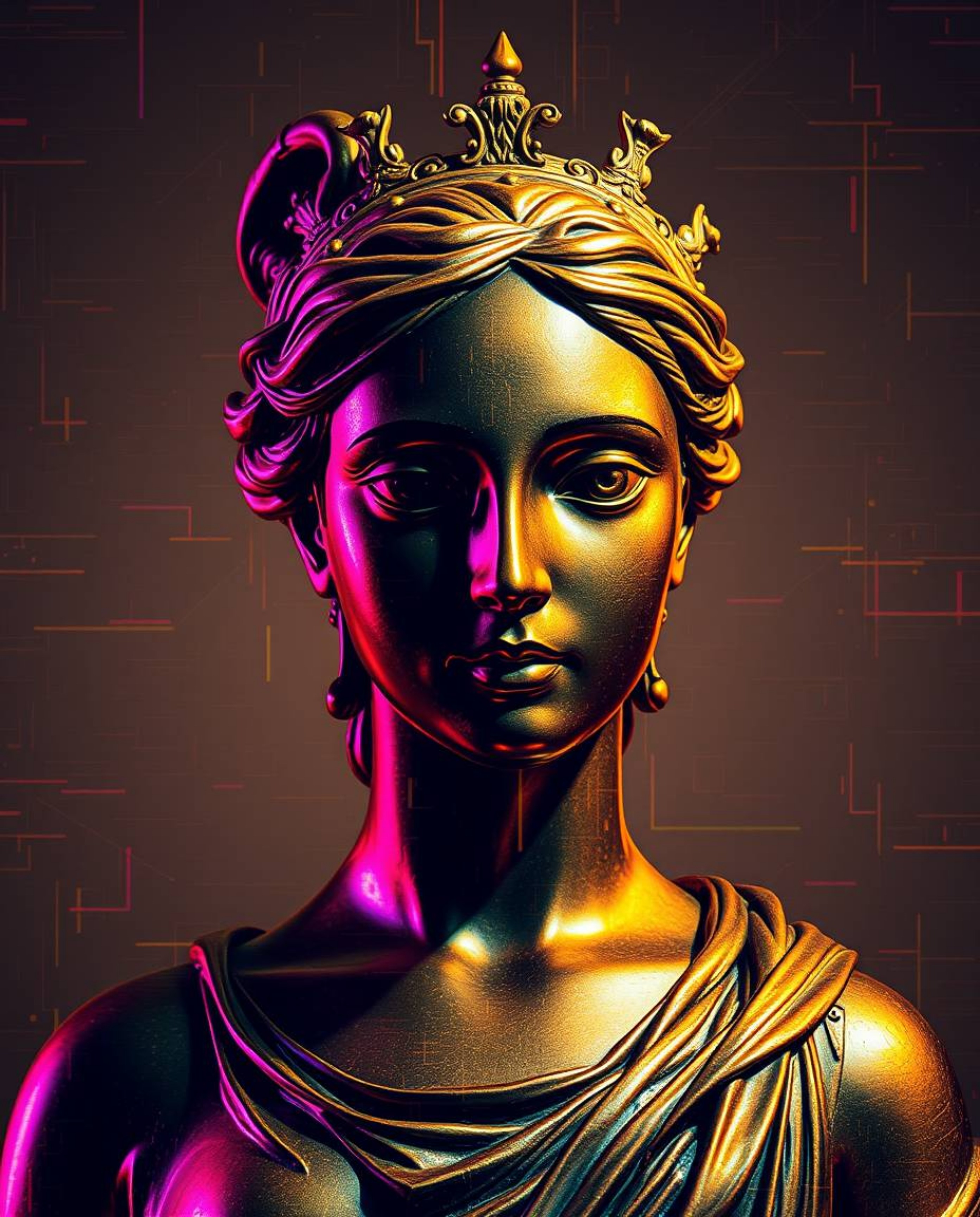 A captivating classical sculpture infused with a modern twist, featuring a striking colorful glitch effect that suggests digi