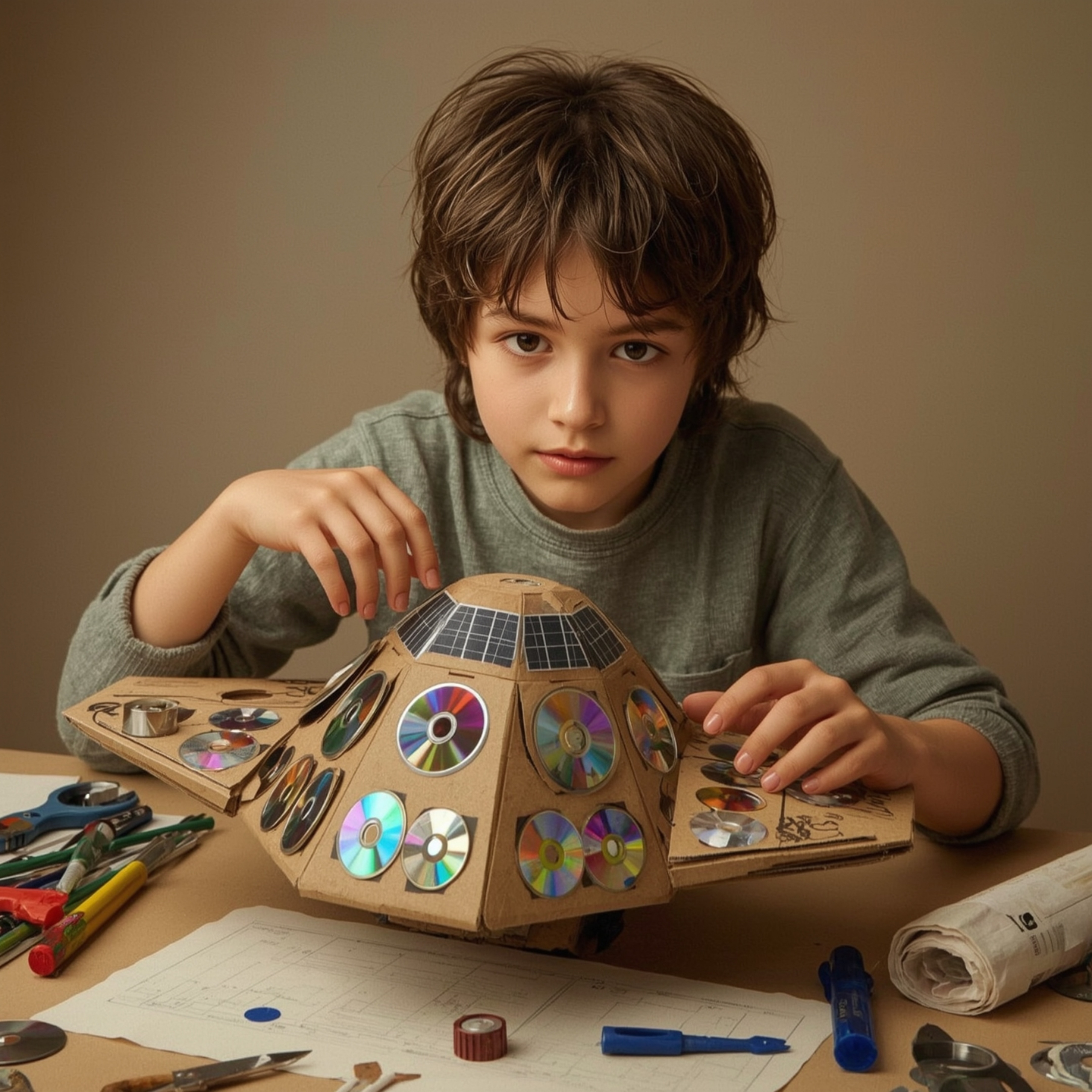 A captivating high-fashion photography piece depicts a boy with bright eyes and messy brown hair, meticulously crafting a fun