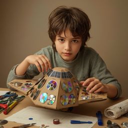 A captivating high-fashion photography piece depicts a boy with bright eyes and messy brown hair, meticulously crafting a fun