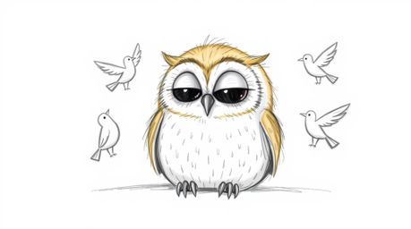 A heartwarming hand-drawn sketch inspired by Pixar, showcasing a gentle, blind owl with light brown plumage resting peacefull