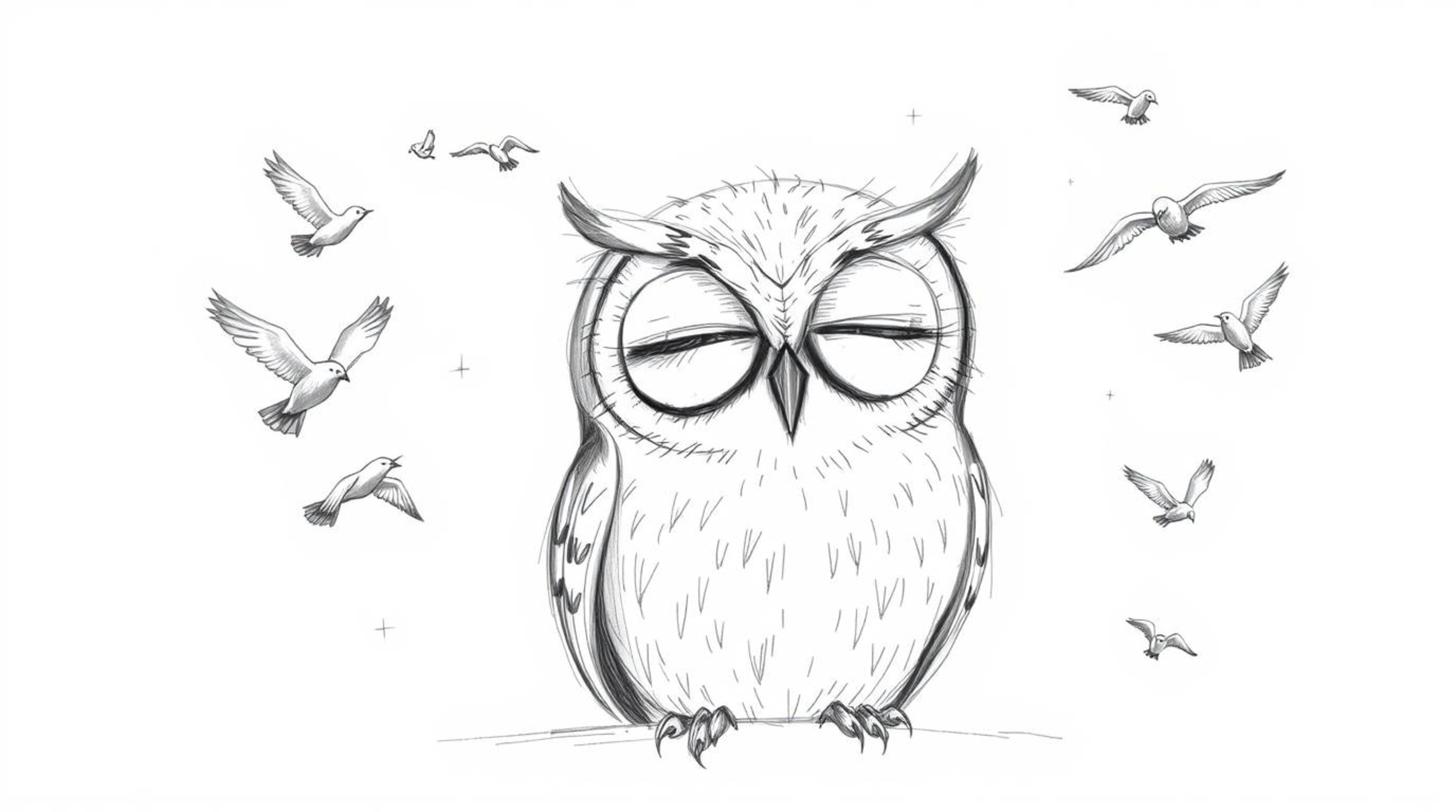 A charming hand-drawn sketch, inspired by Pixar's style, depicts a blind owl with closed, gentle eyes, surrounded by a flurry