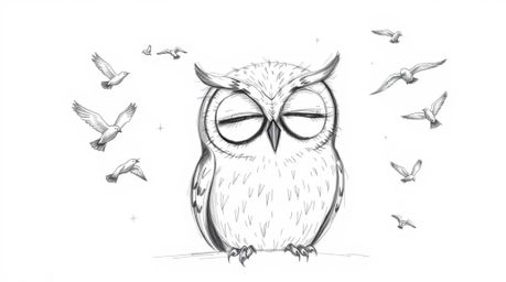A charming hand-drawn sketch, inspired by Pixar's style, depicts a blind owl with closed, gentle eyes, surrounded by a flurry